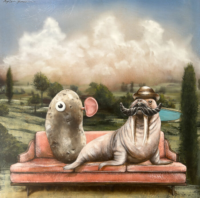 Surreal animal painting of a walrus with a mustache and hat sitting next to a potato with eyes on a couch outdoors.