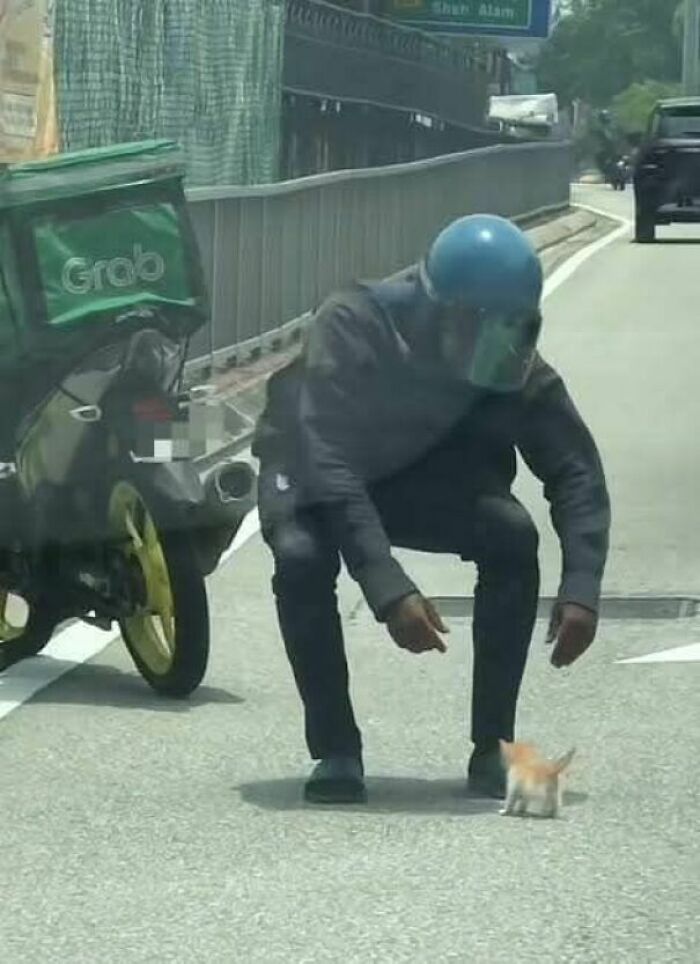 Hombre con casco azul se agacha en la carretera para ayudar a un pequeño gato naranja mientras una motocicleta está estacionada cerca.