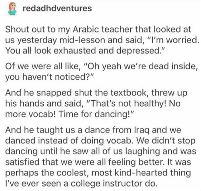 Text post sharing a story about an Arabic teacher showing love for students by encouraging dance to improve their mood.