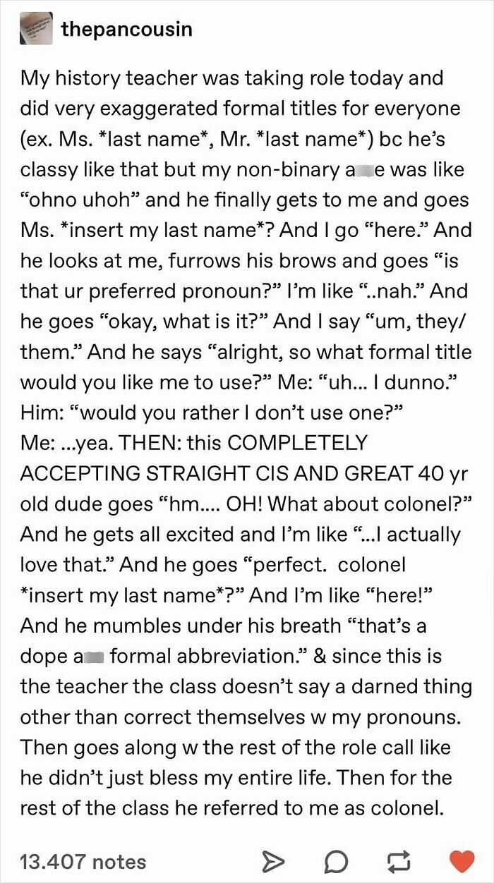 Teacher shows love and respect by using preferred pronouns and creative formal titles during role call.