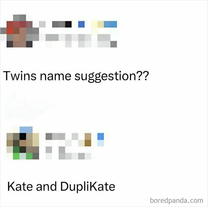 Funny meme showing a pun with twin names Kate and DupliKate for hilarious memes to decompress stress.