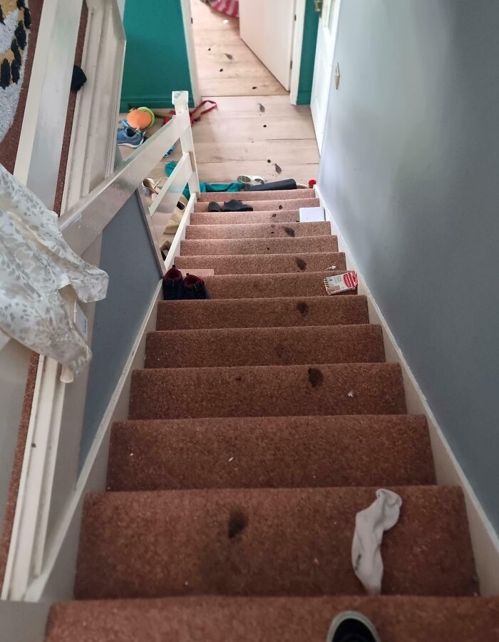 Carpeted stairs with muddy footprints, scattered shoes, and household clutter showing unlucky parents' everyday chaos.