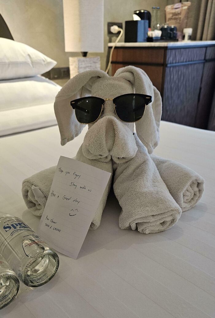 Towel animal shaped like a dog wearing sunglasses on hotel bed, showcasing creative hotel design decisions and guest welcome note.