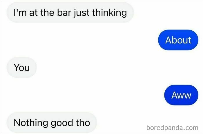 Text message meme showing a humorous conversation about thinking of someone with a twist, featured in hilarious memes to decompress.