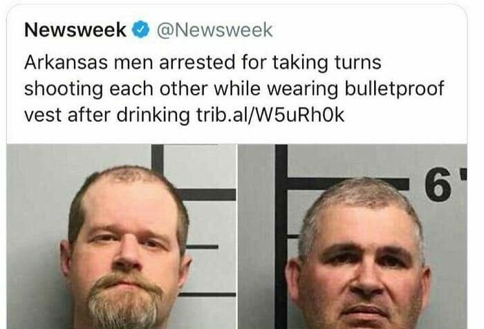 Mugshots of two Arkansas men arrested for shooting each other while wearing bulletproof vests after drinking.