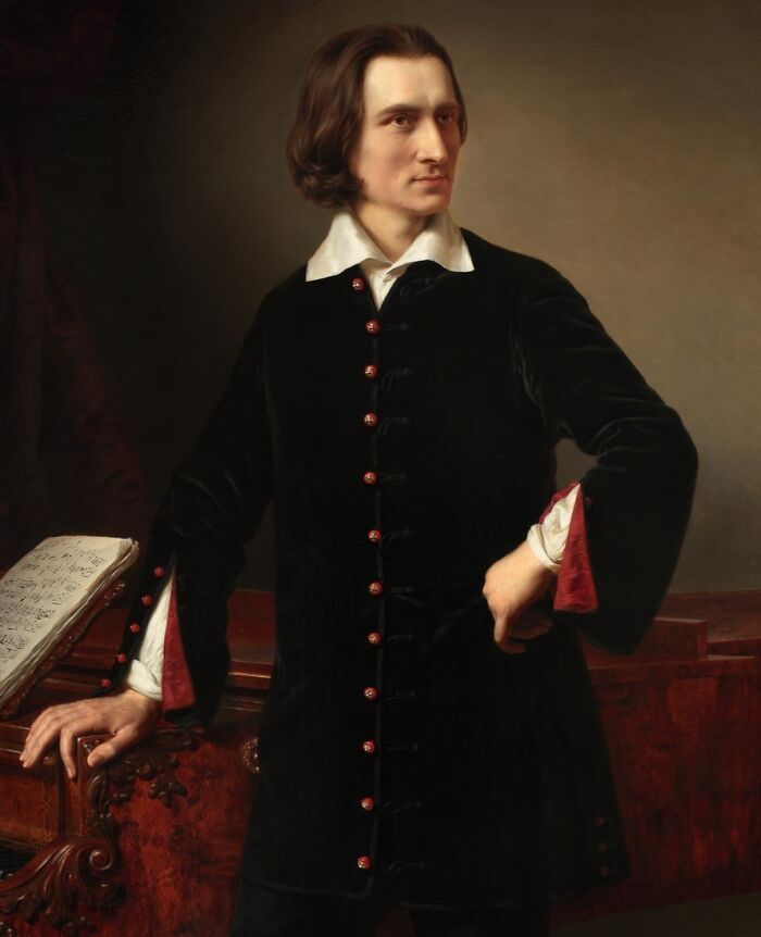 Portrait of a handsome historical figure standing by a piano, representing famous names from history known for their good looks.