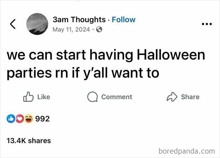 Social media post suggesting to start Halloween parties early, featured in cute and wholesome posts shared by dedicated girlies.