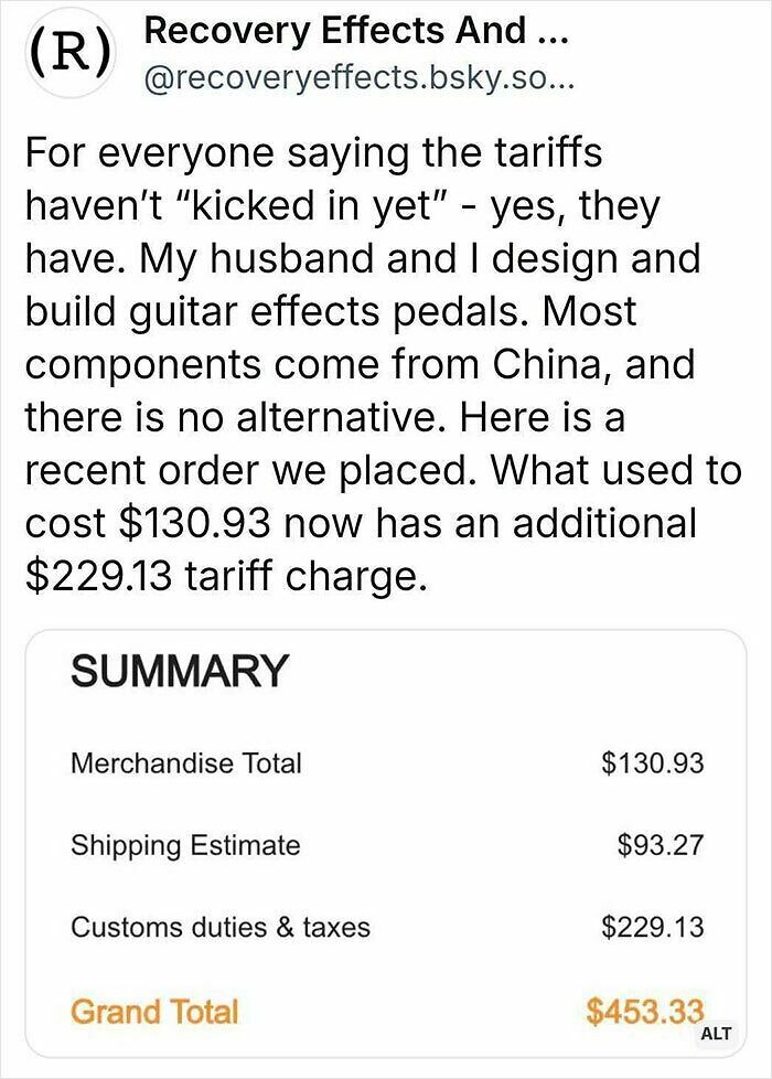 Tweet explaining how tariff costs have increased prices for guitar effects pedals, with a detailed order summary showing high customs duties.