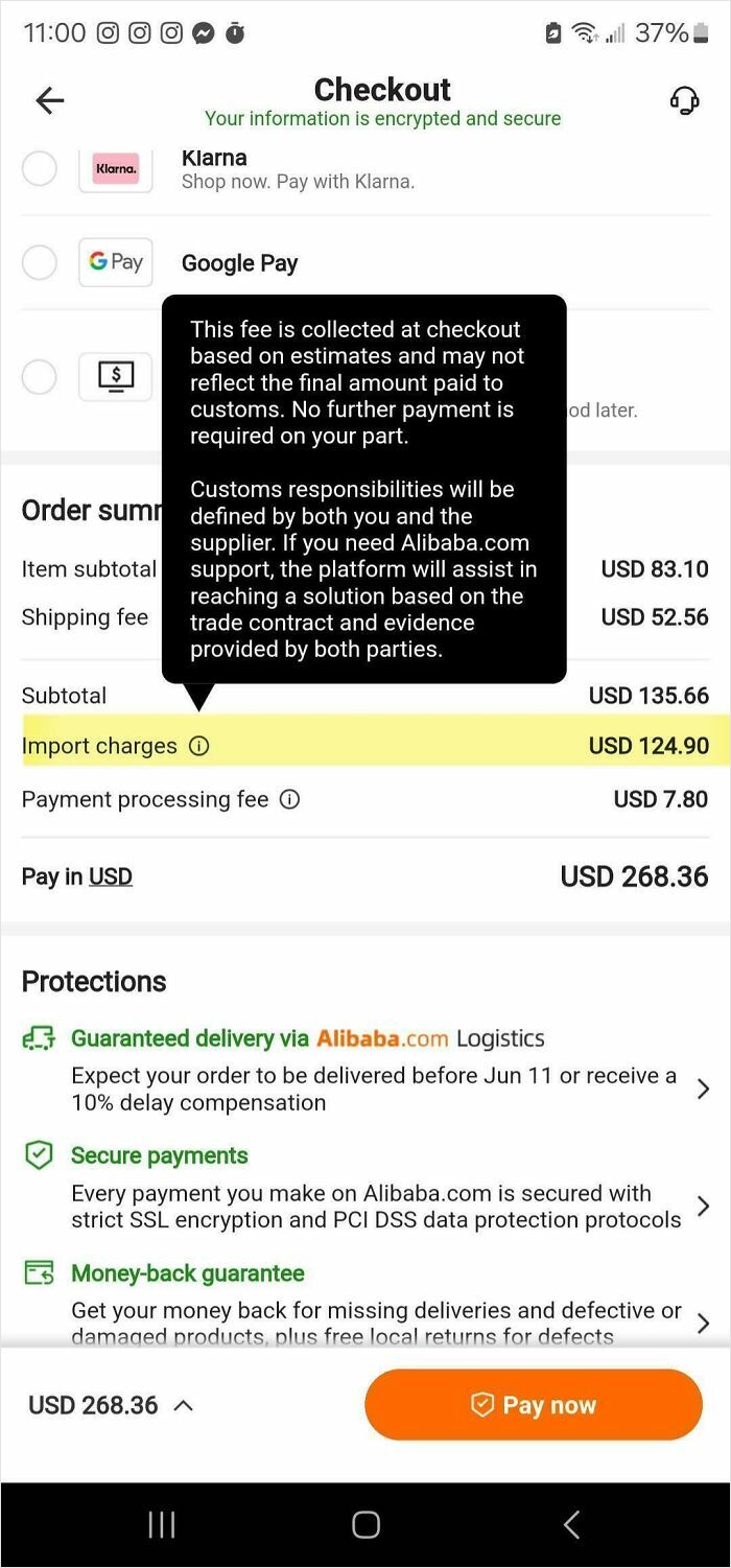 Checkout screen showing import charges of USD 124.90 highlighting tariff costs impacting American shoppers' wallets.