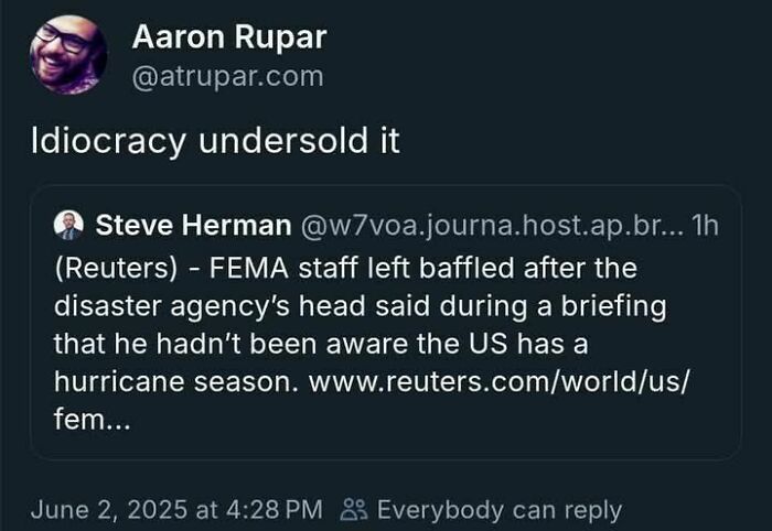 Screenshot of a Twitter exchange highlighting a humorous and eye-opening meme about FEMA and hurricane awareness.