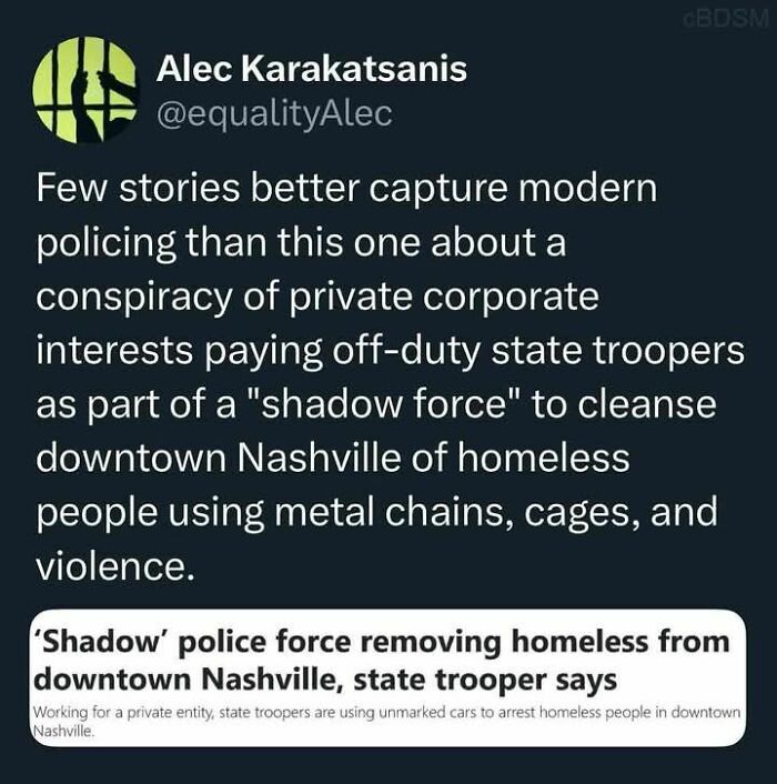 Tweet about a shadow police force using violence to remove homeless people, featured in powerful memes shared on Facebook.