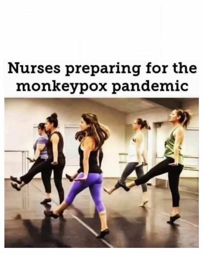 Women in workout clothes humorously marching as nurses preparing for the monkeypox pandemic meme shared in a Facebook group.