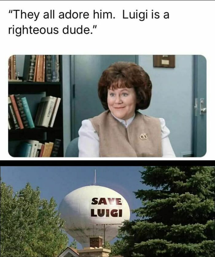 Meme featuring a woman praising Luigi and a water tower with Save Luigi text, part of powerful hilarious memes.