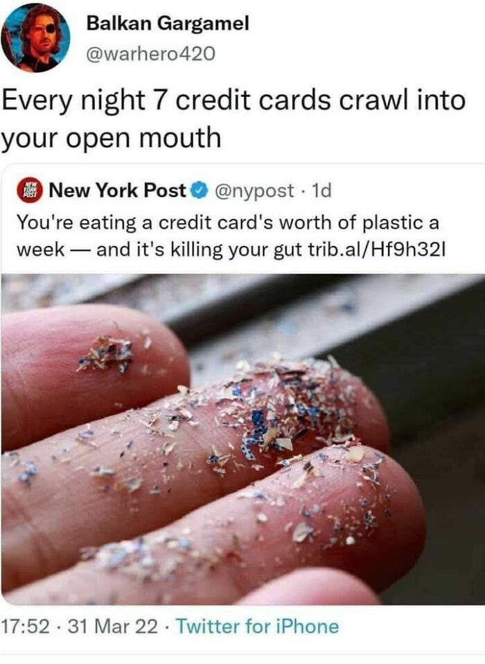 Close-up of fingers with tiny plastic particles illustrating credit card plastic ingestion, featured in powerful memes shared online.