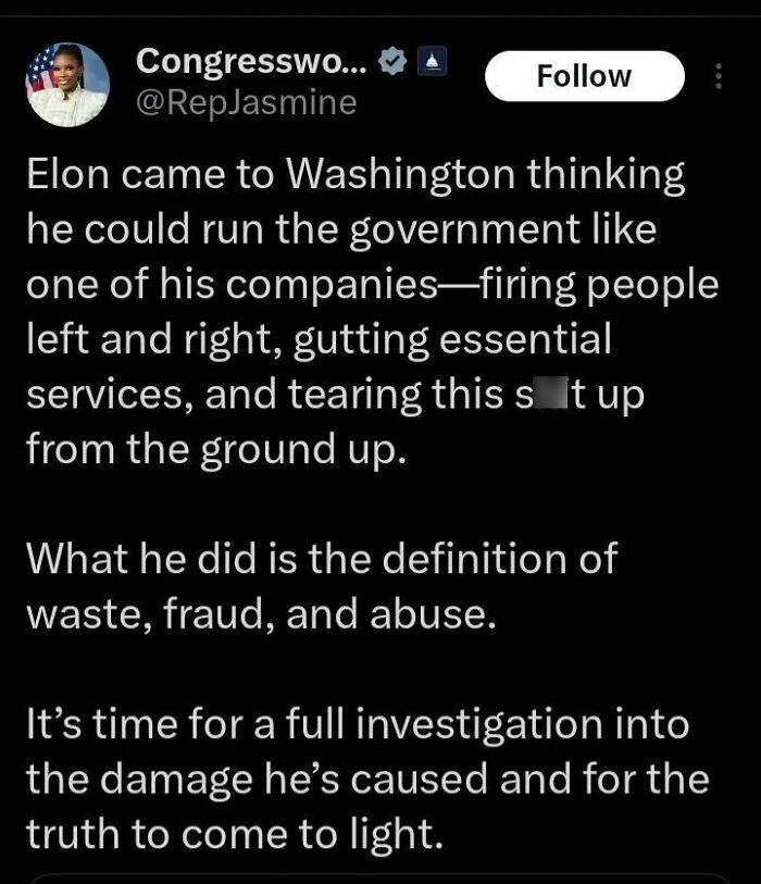 Tweet criticizing Elon Musk’s government actions, highlighting waste, fraud, and a***e, part of powerful memes collection.