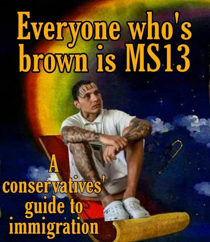 Tattooed man sitting on a swing with text about immigration, featured in powerful memes that are both hilarious and eye-opening.