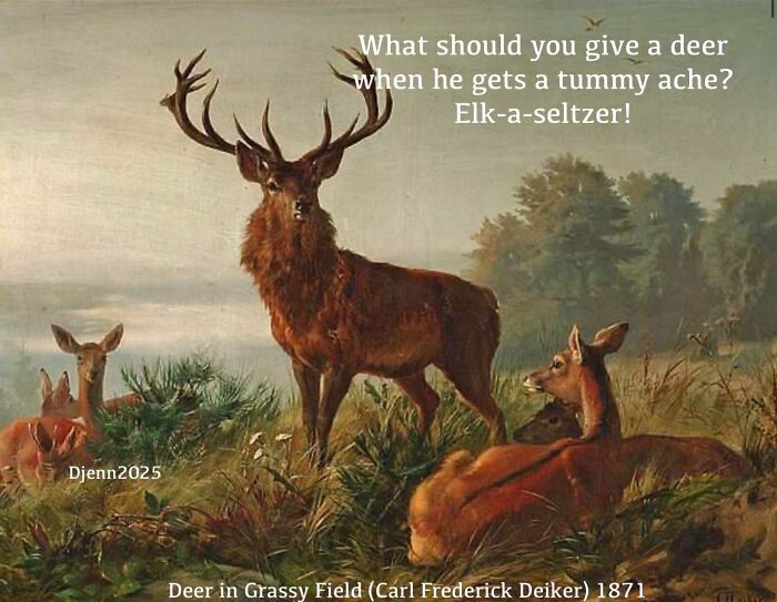 Classical art meme featuring a stag and deer with a humorous pun about a tummy ache in a grassy field.