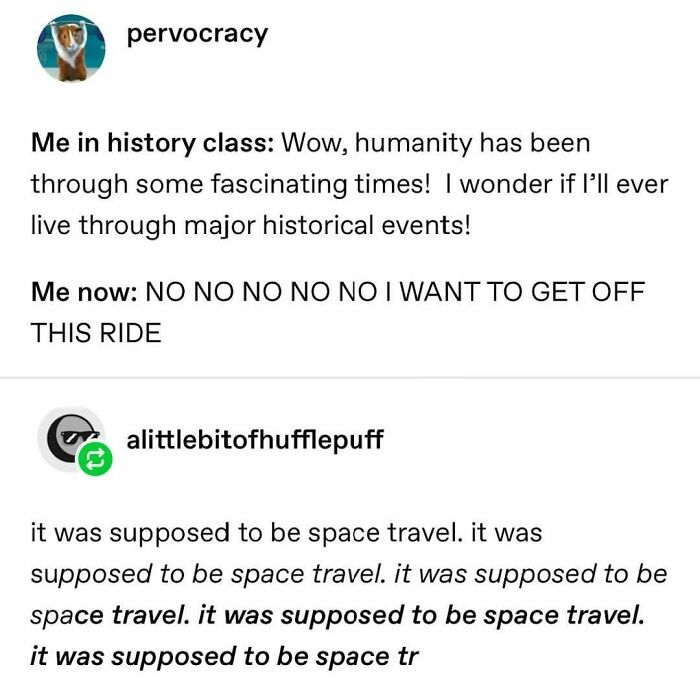 Humorous meme from a Facebook group showing changing views on history and space travel expectations.