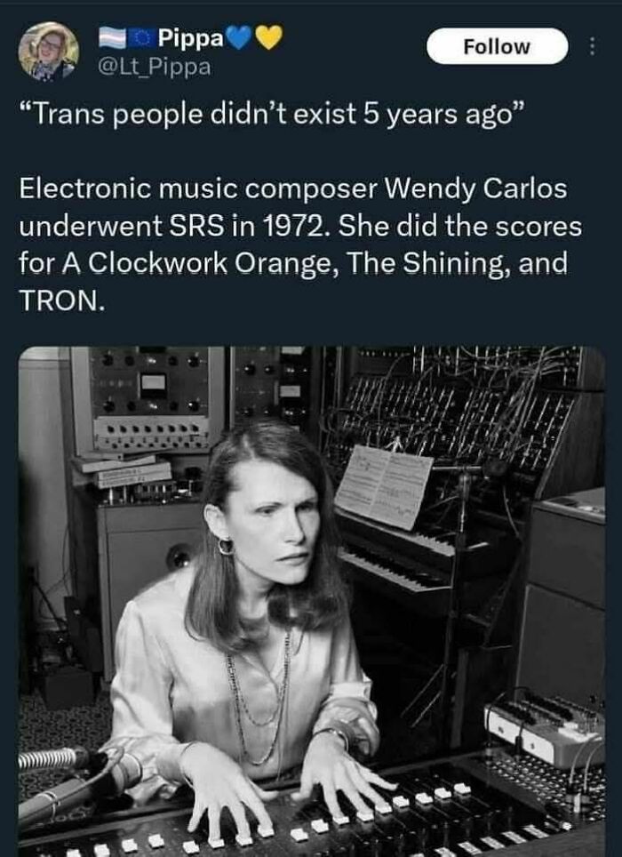 Black and white photo of electronic music composer Wendy Carlos at a synthesizer, a powerful meme from a Facebook group.