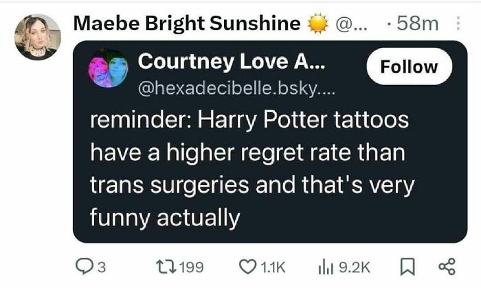 Social media post sharing a powerful meme about Harry Potter tattoos and regret, highlighting humor and insight.