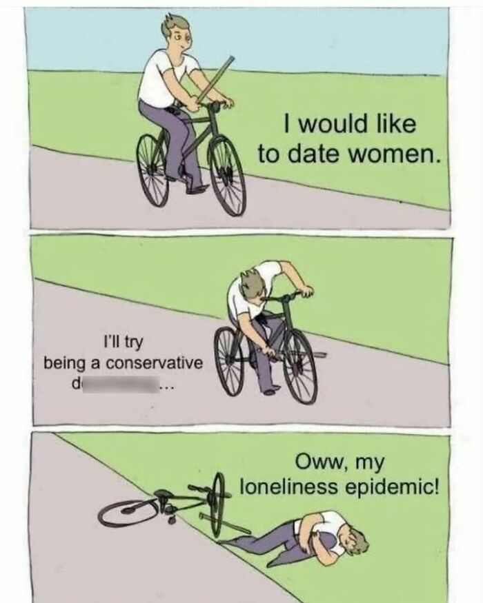 A comic meme showing a man on a bike who causes his own fall, illustrating loneliness in a powerful meme.