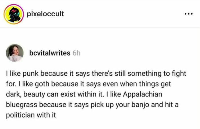 Text post from a Facebook group sharing powerful memes about punk, goth, and Appalachian bluegrass cultural reflections.