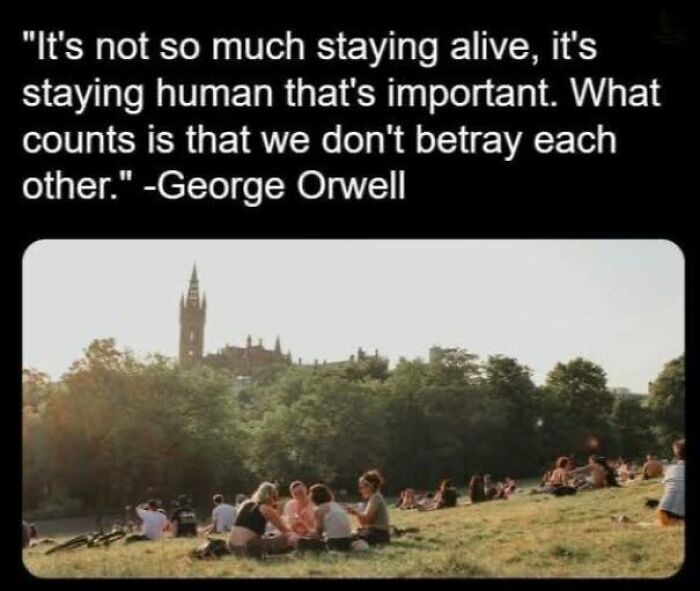 Alt text: George Orwell quote on staying human, with people relaxing in a park, reflecting powerful memes shared by a Facebook group.
