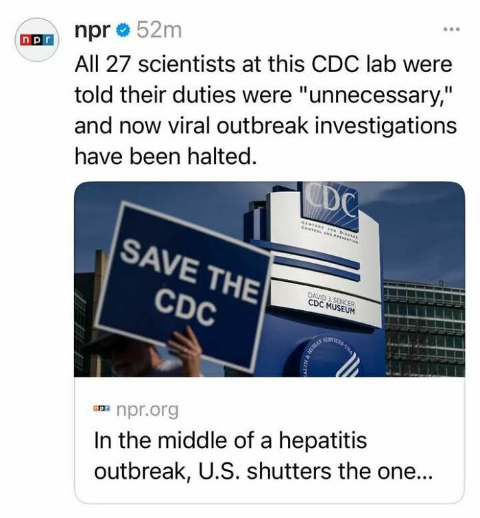 CDC viral outbreak meme showing a protester holding a save the CDC sign amid a hepatitis outbreak news update