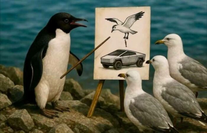 A penguin pointing at a drawing of a seagull and a futuristic car, while seagulls watch attentively outdoors.