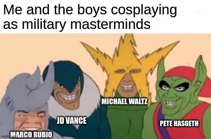 Four cartoon characters labeled as political figures, shown cosplaying as military masterminds in a meme.