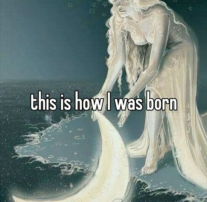 Wholesome illustration of a girl beside the ocean, with text about birth, shared in a cute girlies group post.