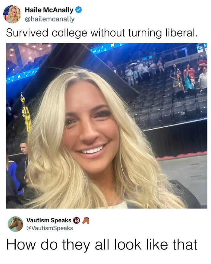 Young woman in graduation cap smiling at ceremony, featured in powerful memes shared by Facebook group.