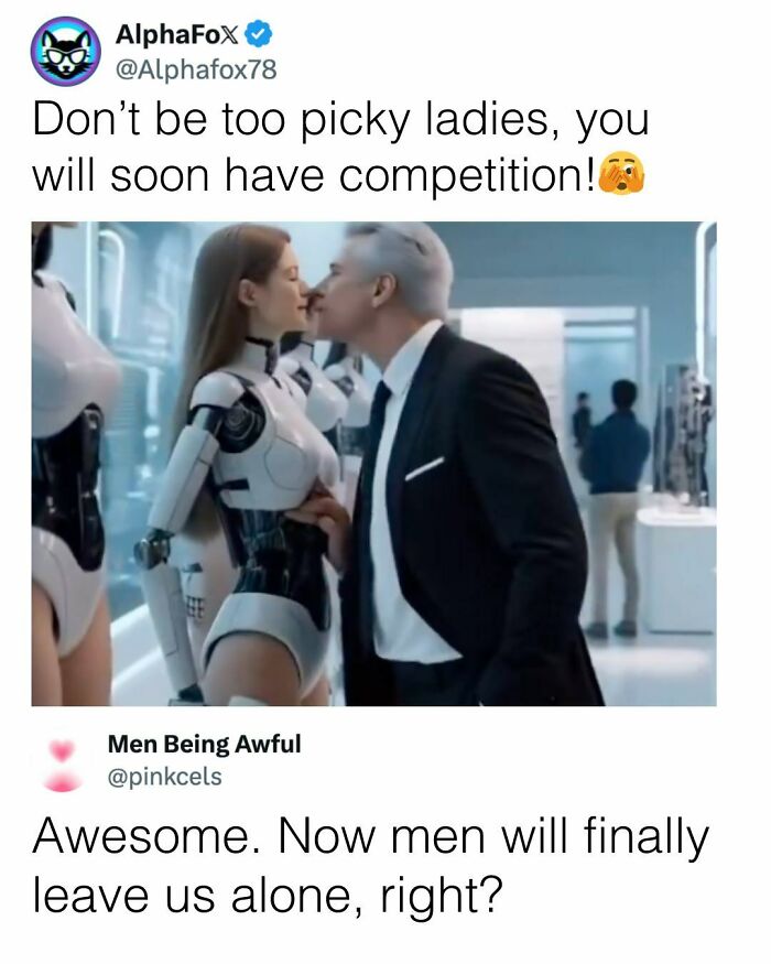 Man kissing female robot in a meme about competition, part of powerful memes that are both hilarious and eye-opening shared online.