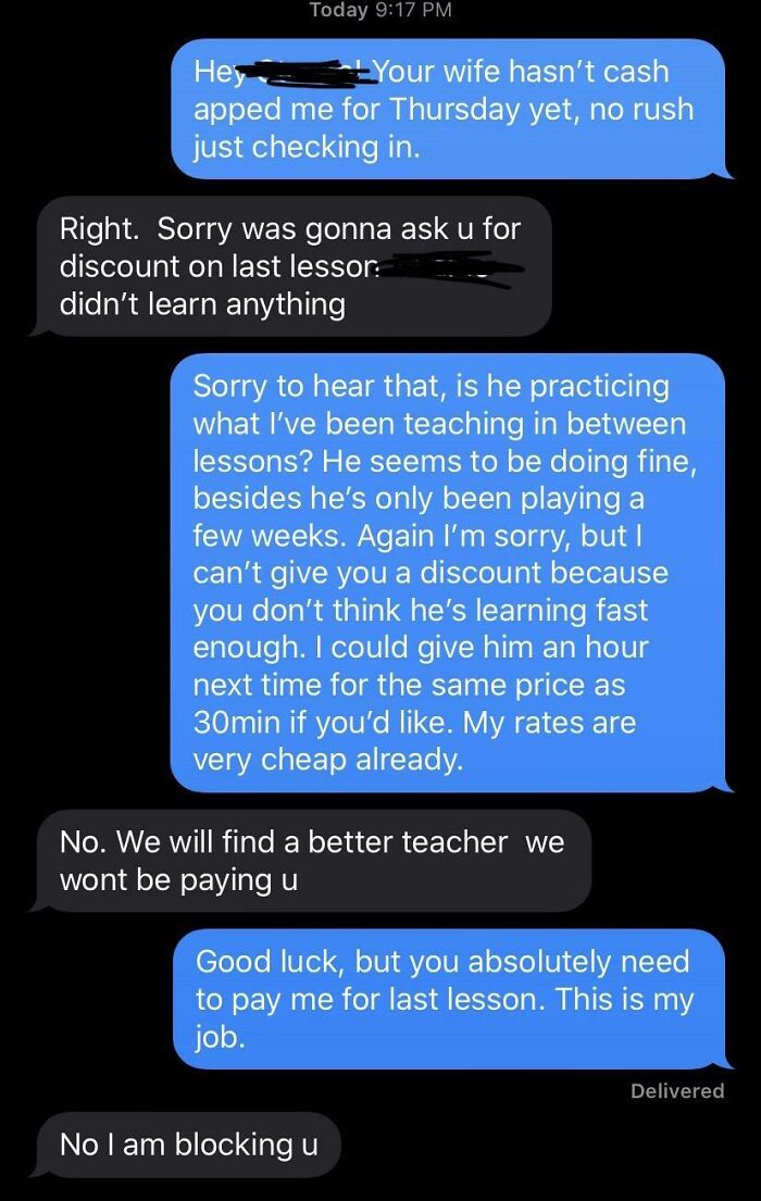 Text message exchange showing a teacher dealing with a parent's entitlement and refusal to pay for lessons.