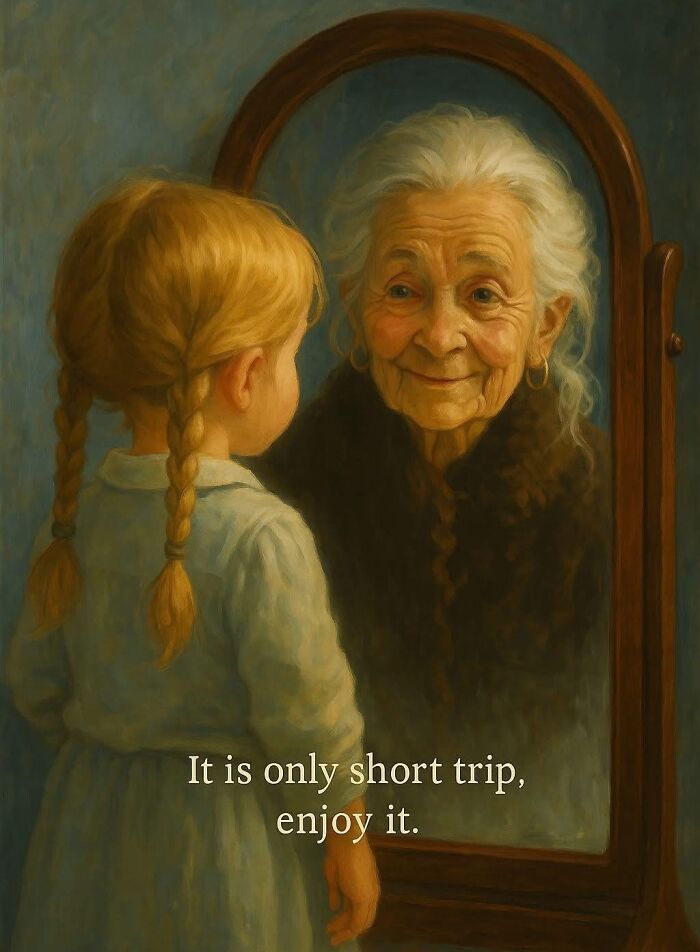 Young girl with braided hair looking at her reflection as an elderly woman, illustrating cute and wholesome posts about life.