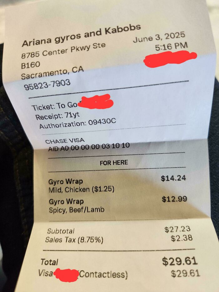 Receipt from Ariana gyros and Kabobs in Sacramento showing high prices, illustrating shocking tariff costs hitting Americans' wallets.