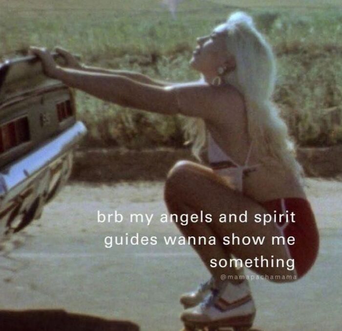 Young woman with long blonde hair squatting near a vintage car, with text about angels and spirit guides overlayed.