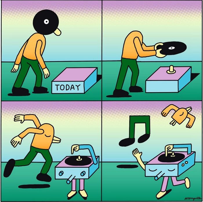 Colorful poetic cartoon showing a figure with a record for a head finding comfort and joy through music.