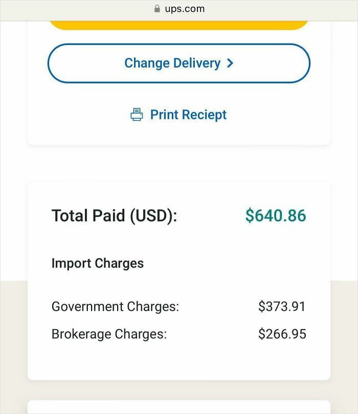 Receipt showing high tariff costs with government and brokerage charges totaling $640.86 impacting American wallets.