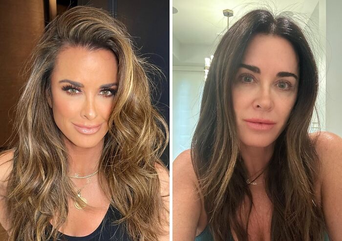 Two side-by-side portraits of a woman with makeup on the left and a makeup-less celebrity behind the scenes on the right.