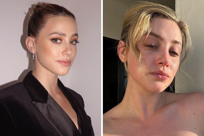 Makeup-less celebrity with sleek hairstyle in black blazer contrasted with natural look behind the scenes in sunlight.