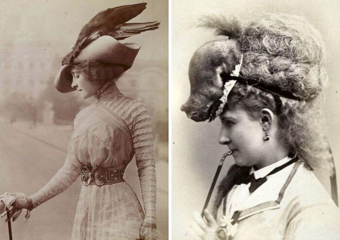 Two rare Victorian-era photos showing women wearing elaborate, unusual hats reflecting different life styles of the era.