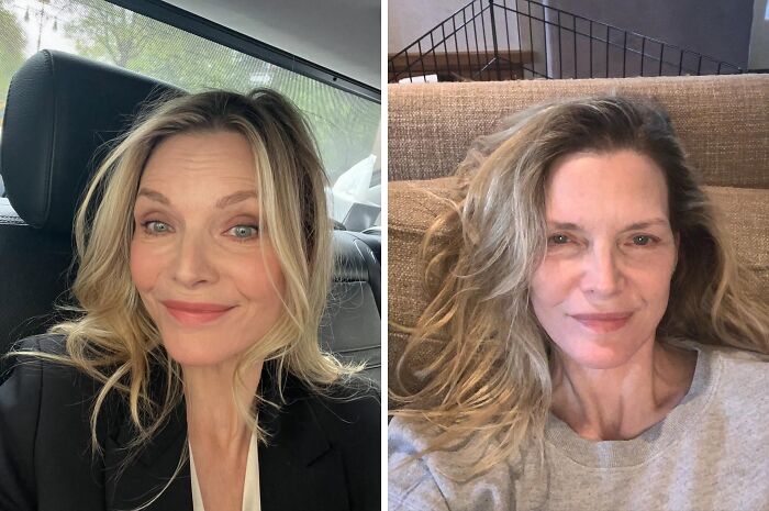 Two makeup-less celebrities in casual settings showing natural looks behind the scenes in candid selfies.
