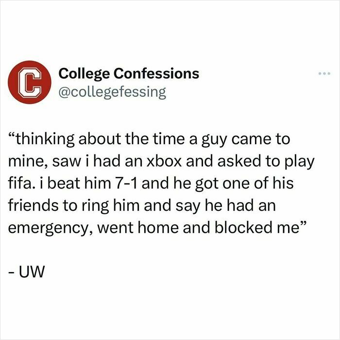 College confessions meme post about a funny and relatable experience playing Xbox FIFA and getting blocked afterward.