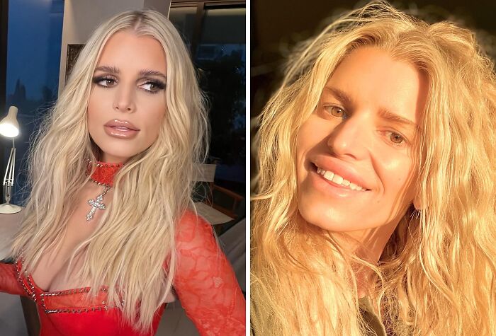 Celebrity shown with and without makeup, illustrating makeup-less celebrities and how they really look behind the scenes.