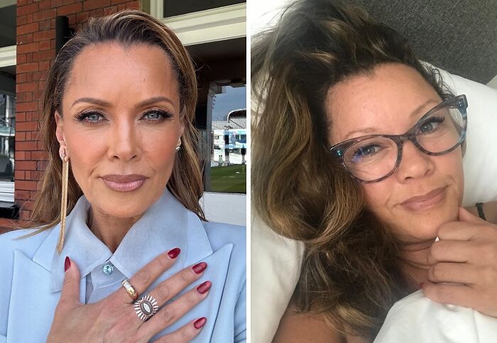 Side-by-side photos of a celebrity with makeup and makeup-less, showing their natural look behind the scenes.