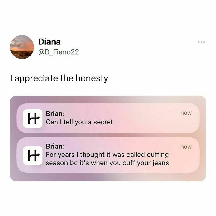 Screenshot of a funny and relatable college confession meme about misunderstanding cuffing season, shared on social media.