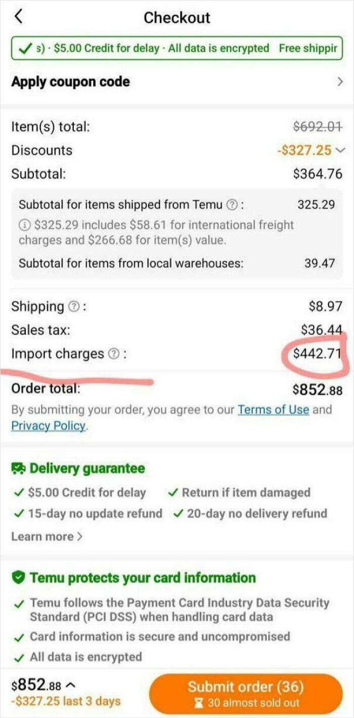 Checkout screen showing high import charges and total costs highlighting shocking tariff costs hitting wallets.