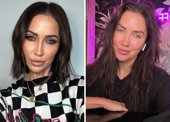 Side-by-side images of a woman showing makeup and makeup-less look, highlighting how celebrities really look behind the scenes.