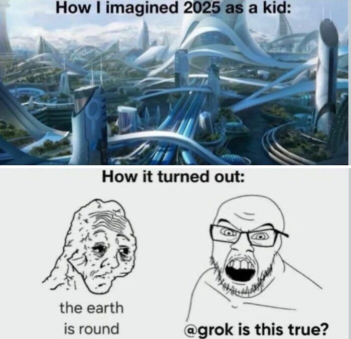 Futuristic city imagined for 2025 contrasted with a humorous meme about reality and truth from a popular Facebook group.